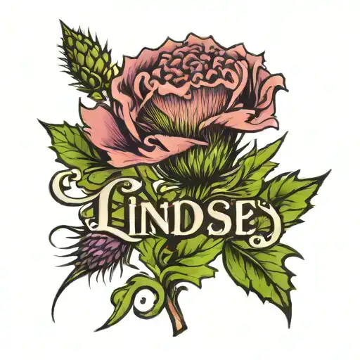 The Word Lindsey Next To A Thistle Intertwined