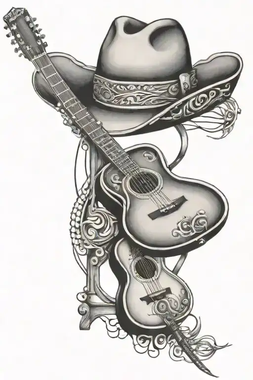 Cowboy Hat And Acoustic Guitar Intertwined