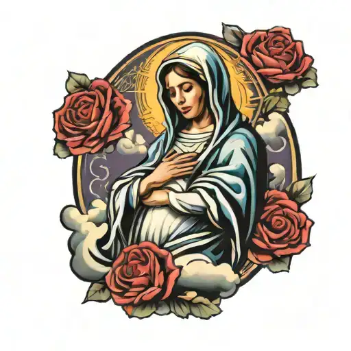 Virgin Mary Surrounded With Clouds And Angles