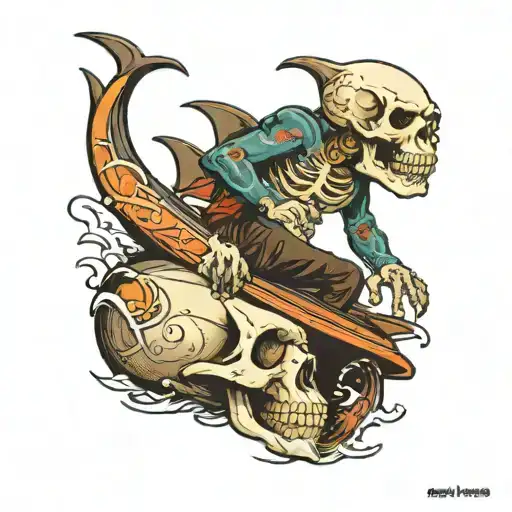 Skull Riding A Barrel Surfing With Some Sharks Around