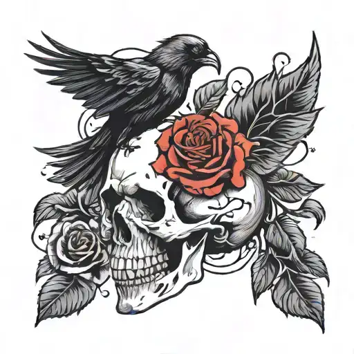 Skull With Crow And Roses