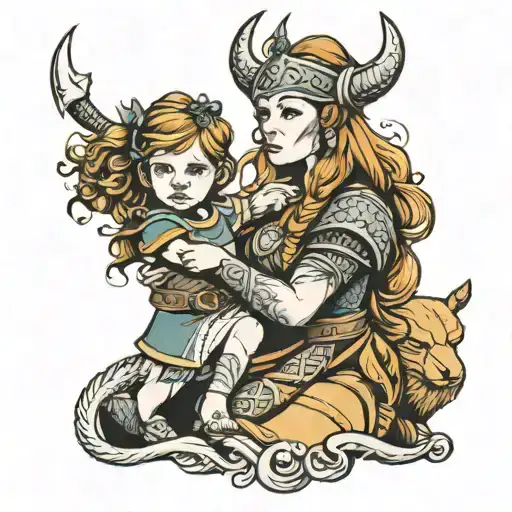 Viking Woman Two Small Children Surrounded