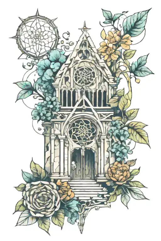 Nature Reclaiming Cathedral Ruins With Sacred Geometry Elements