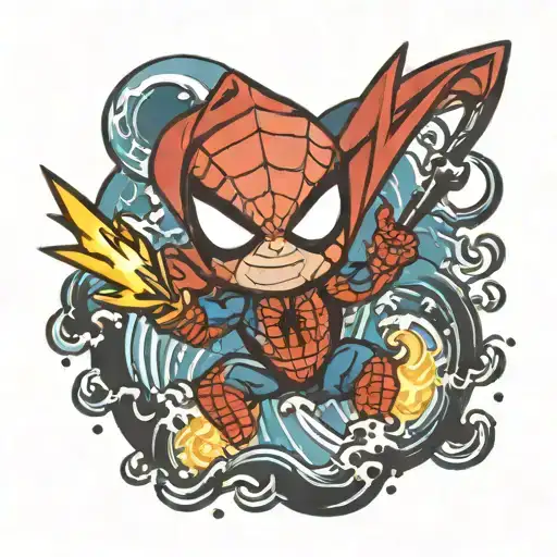 Chibi Baby Spiderman Holding A Lightning Bolt While There Is Ocean Waves In The Backround
