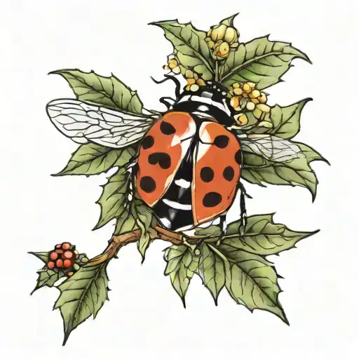 Ladybug Sitting On Holly And Narcissus Flowers