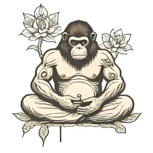 Meditating Gorrilla With Lotus Flower In Palms And Battle Scars On Body