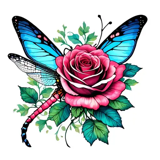 Rose Dragonfly And Butterfly