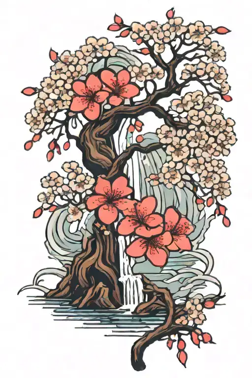 Cherry Blossom Tree In Bloom With A Waterfall In The Background