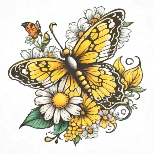 Daisy And Yellow Butterfly