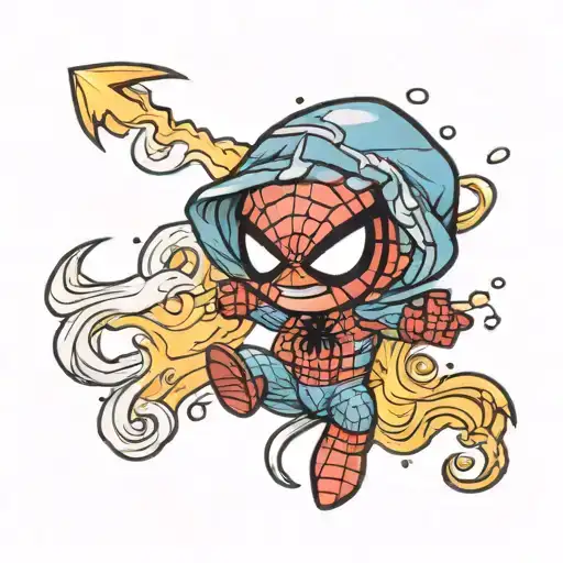Chibi Baby Spiderman Holding A Lightning Bolt With Ocean Waves In The Back While Raining