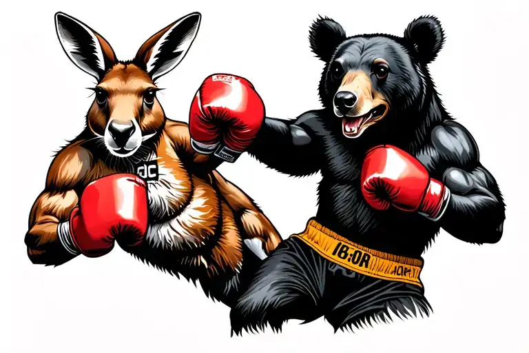 Kangaroo And Black Bear Boxing In 1920 Fighter Styler With Boxer Shorts And Boxing Gloves