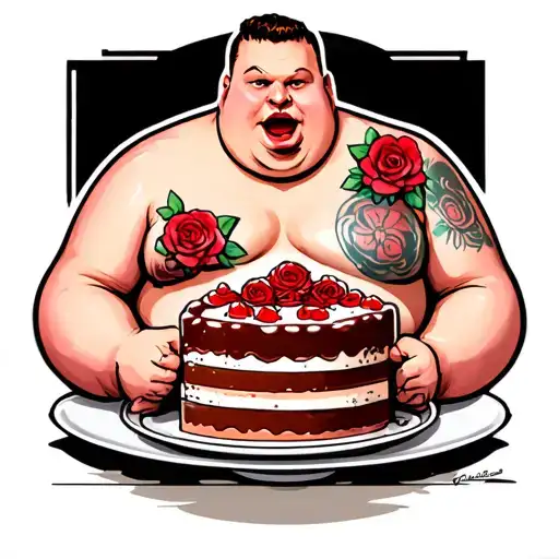 Fat Man Eating A Beef Cake With Little Roses On His Chest