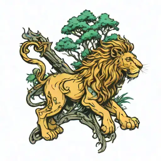 A Neo-traditional Lion Holding A Forest Scene In Its Claws