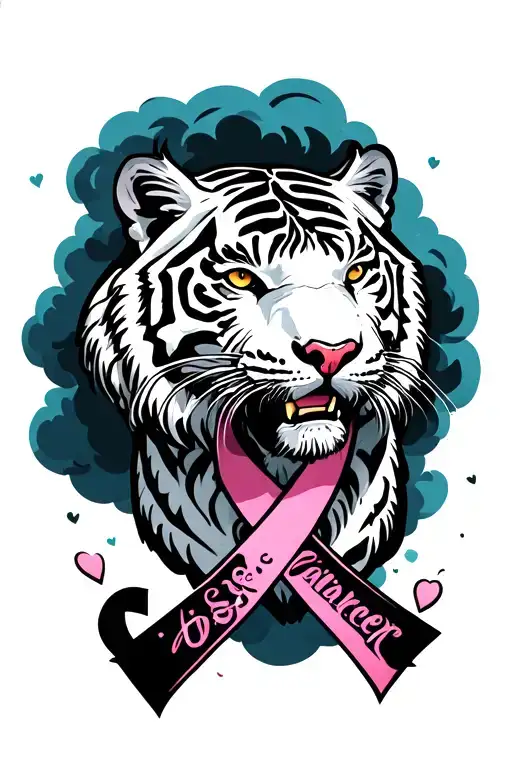 White Tiger And Breast Cancer Ribbon With Cloud Around It
