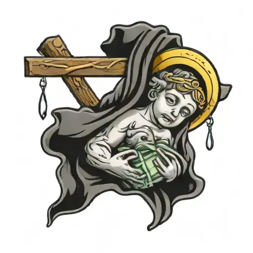 Baby Jesus With Cross And Money Bag And Stocks