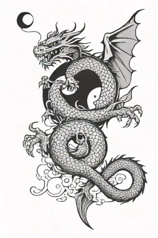Asian Ink Dragon With Moon Surrounded