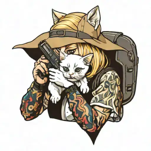 Blonde Girl Crying Holding A White Kitten And Pointing A Gun