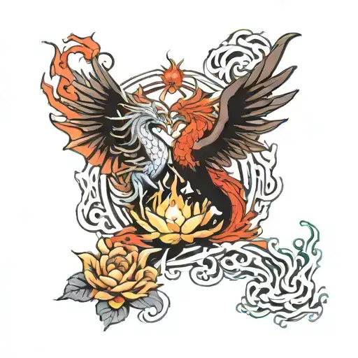 Dragon And Phoenix Rising From The Ashes