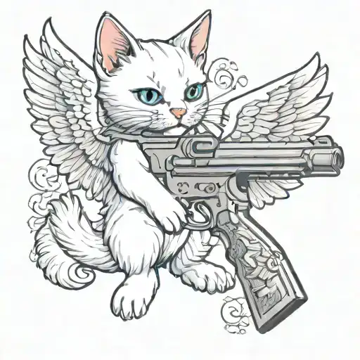 White Kitten With Angel Wings Holding A Gun