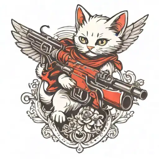 White Kitten With Evil Wings Holding Giant Gun