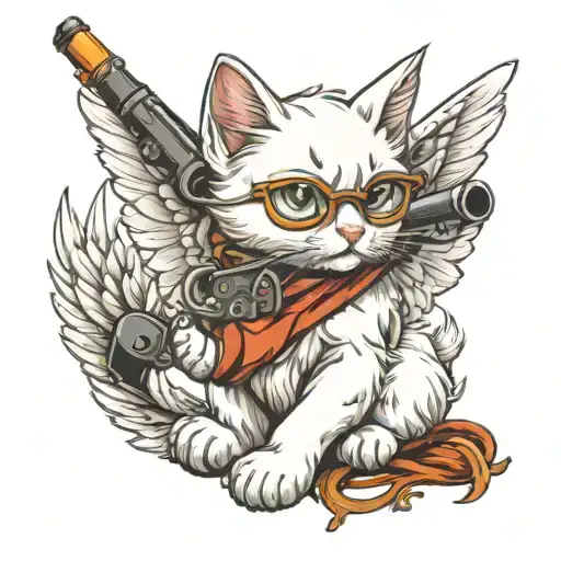 White Kitten With Wings Holding Smoking Gun