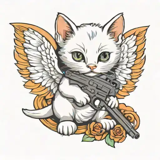 Evil White Kitten With Wings Holding Gun