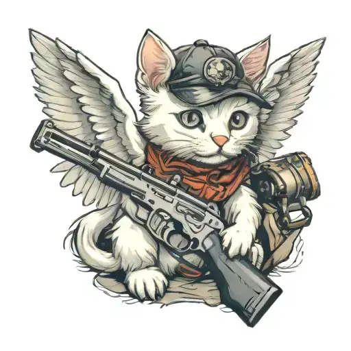 Homeless White Kitten With Wings Holding Gun