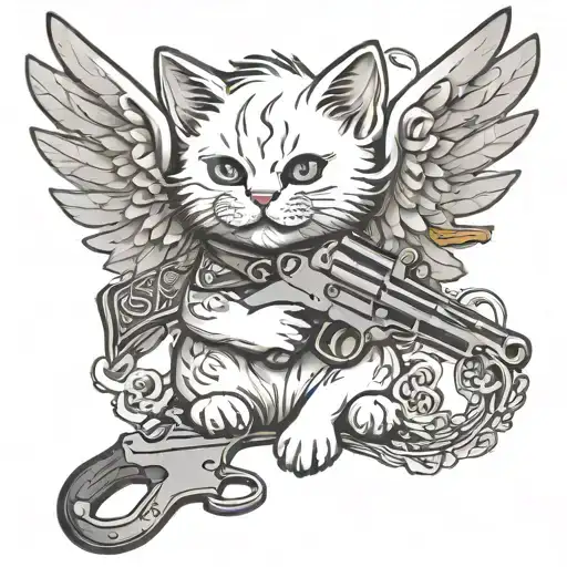Crying White Kitten With Wings Holding Gun