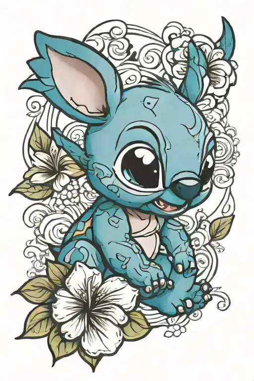 Disney Stitch Surrounded By Hibiscus Flowers
