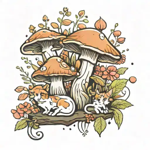 Mushrooms Whit Little Cat Sitting