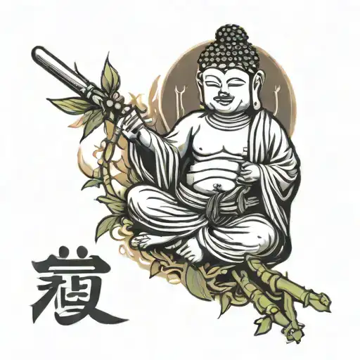 A Meditating Buddha With A Samurai Warrior Behind Him In A Bamboo Forest