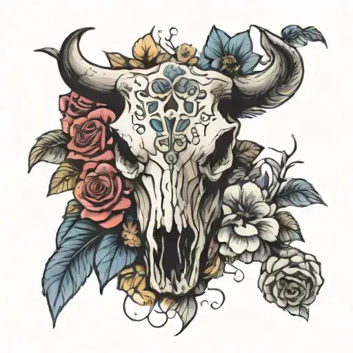 Cow Skull And Flowers Surrounding