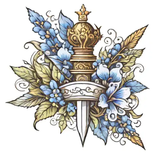 Dainty Dagger With Trailing Blue Lobeliea Wrapping Around It And A Crown Above It