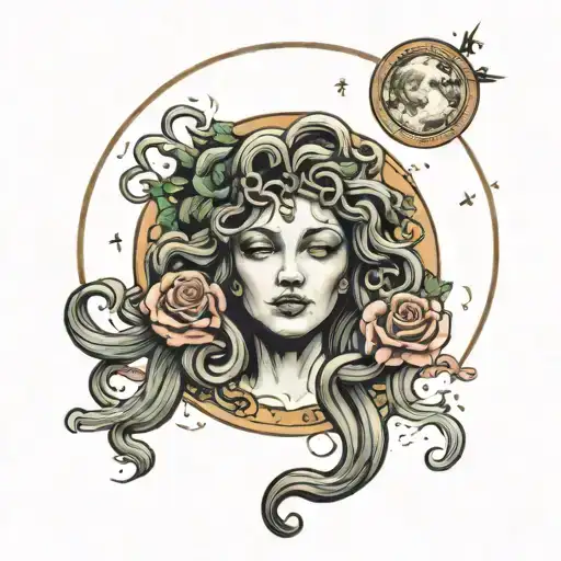 Medusa Head With Flowers And The Moon Phases