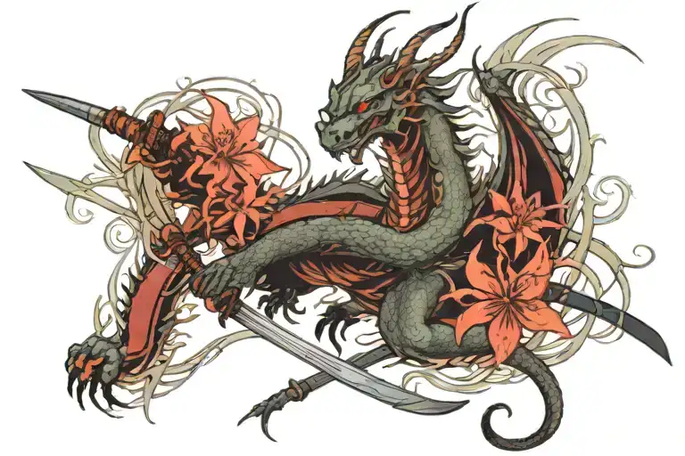 Dragon With Katana With Spider Lily