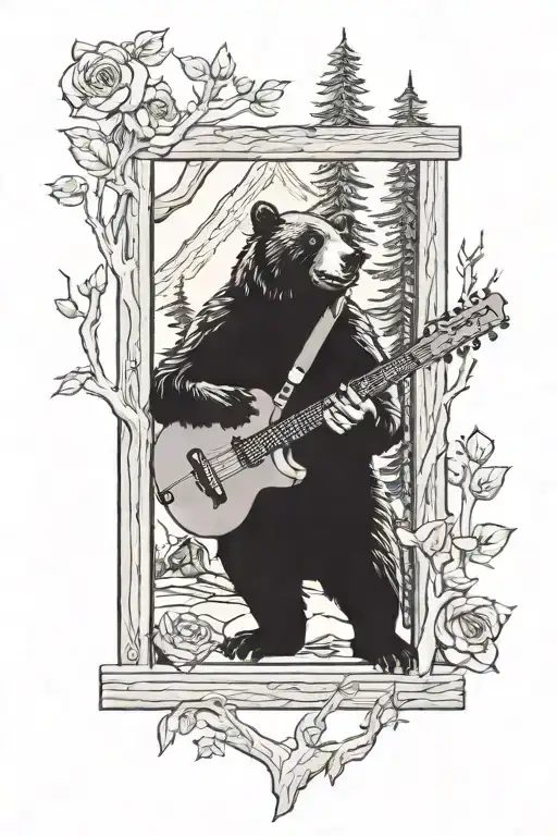 Cabin With A Bear Playing Guitar Visable Through The Window