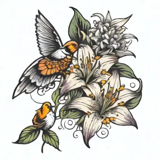 Lilies And Butter Fly With A Bird Flying