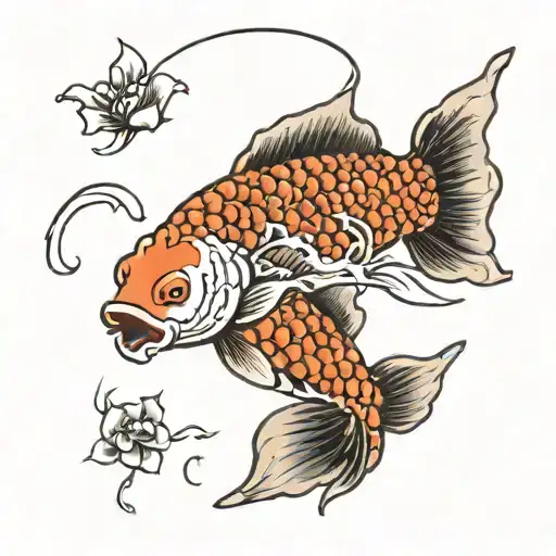 Traditional Japenese Koi Fish Swimming Upstream Surrounded By Water And Flowers