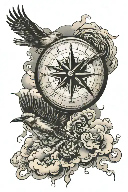 Bird Flying In The Clouds With World And Compass