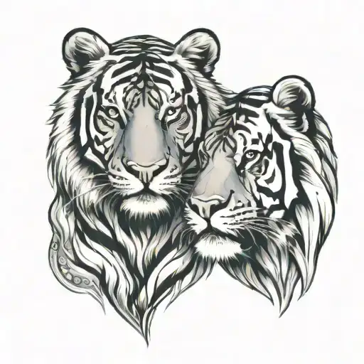 Face Of A Tiger And A Lion Standing Next To Each Other