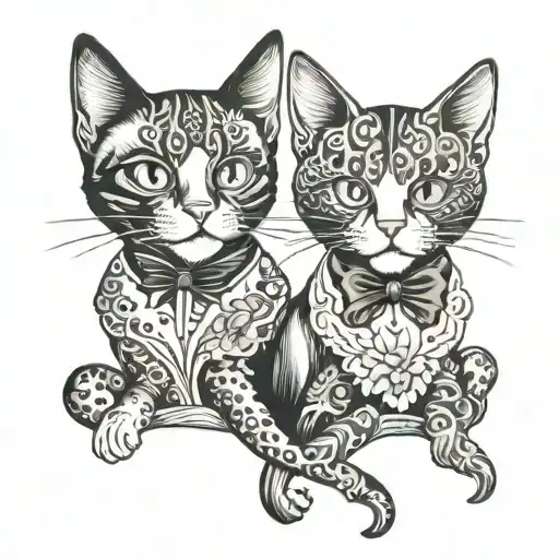 Matching Sister Cat Tattoos With Black And Tuxedo Cat