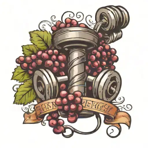 A Dumbbell Intertwined With A Vine Of Grapes And A Ribbon That Says 'Family Strength'