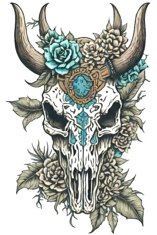Longhorn Skull With Native Turqoise Jewelry With Cactus And Western Floral Print Around It
