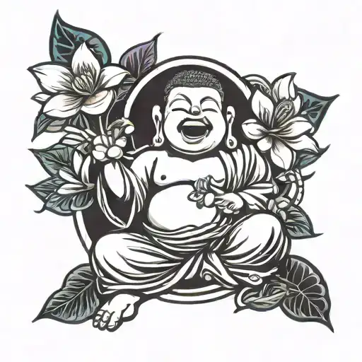 Laughing Buddah With Arms Raised And Magnolia And Orchid Flower