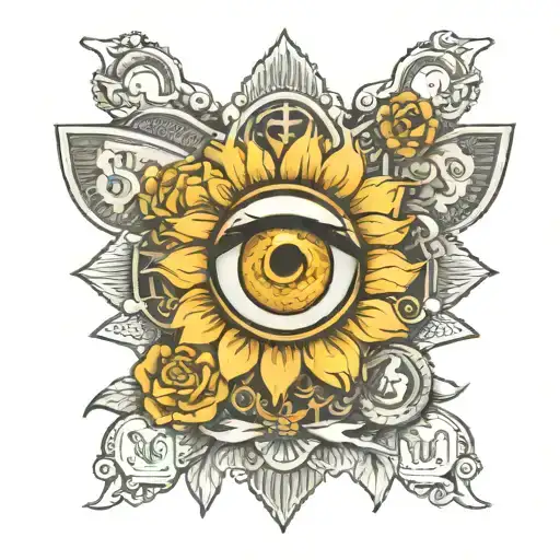 Marigold Flowers And Money Surrounding An Open Eye With Success Symbol