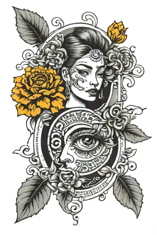 Marigold Flowers And Money Surrounding An Open Eye With Success Symbol Half Sleeve
