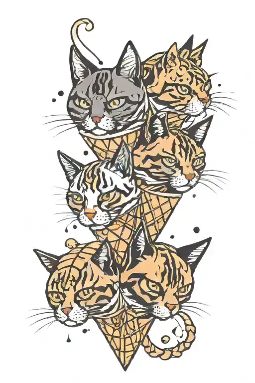 3 Cat Heads In A Waffle Cone Melting With Circles Intertwined Within