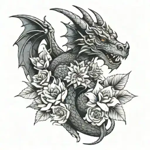 A Dragon Wrapped Around A Bouquet Of Exotic Flowers