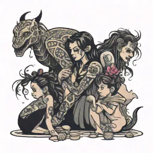 Mother And Kids Playing