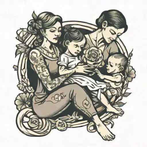 Mother And Children Sitting